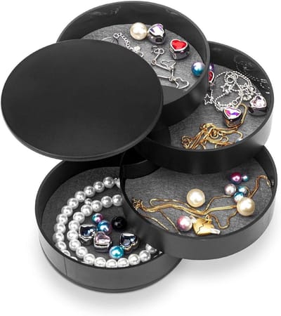Ronde Sieradenbox met 4 Niveaus, Draaibare Organiser voor Ringen, Oorbellen en Kettingen voor Meisjes (Zwart)