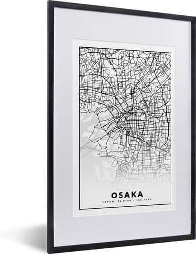 Fotolijst incl. Poster - Kaart - Osaka - Stadskaart - Japan - Plattegrond - 40x60 cm - Posterlijst