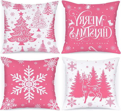 Set van 4 roze kerst kussenslopen 40x40 cm, decoratieve kussens voor de winter, sfeervolle kerstdecoratie voor woonkamer en slaapkamer