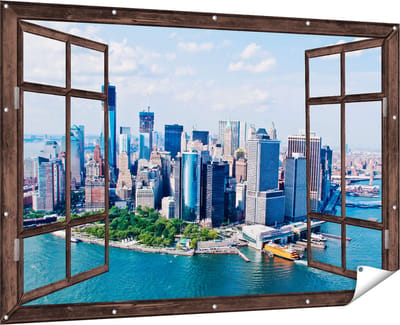 Gards Tuinposter Doorkijk New York Als een Eiland vanuit de Lucht - 180x120 cm - Tuindoek - Tuindecoratie - Wanddecoratie buiten - Tuinschilderij
