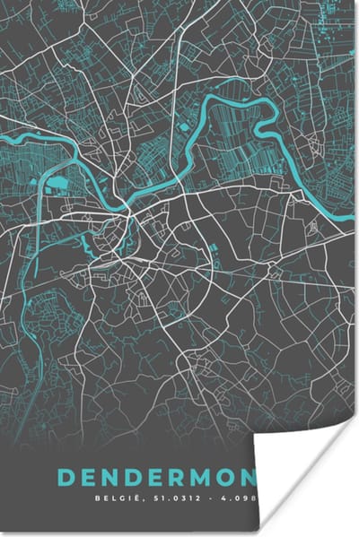 Poster Stadskaart – Grijs - Kaart – Dendermonde – België – Plattegrond - 120x180 cm XXL