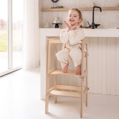 Jindl - Montessori Leertoren 2-in-1 - Houtkleur - Keukenhulp - Learning Tower - Tafel en Stoelen Set Kinderen - Kitchen helper - multifunctioneel