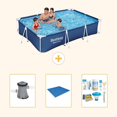 Bestway Rechthoekig Steel Pro Zwembad - 300 x 201 x 66 cm - Blauw - Inclusief Pomp - Grondzeil - Onderhoudspakket - 4-delig