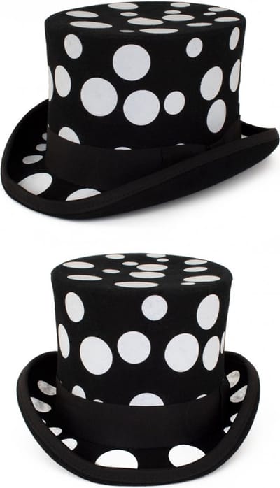 Hoge hoed wolvilt zwart met witte bollen maat 57 - carnaval zwart wit optocht thema feest black and white