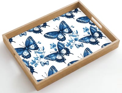 Dienblad hout 50x35 cm - Schootdienblad - Blauw - Vlinders - Bloemen - Wit - Borrelplank rechthoek - Plateau dienbladen