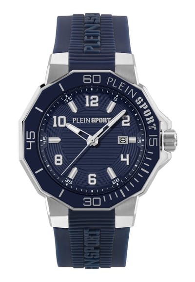 Plein Sport Titan 3H Quartz Analoog Horloge Blauw Kast Gemaakt Van 100% Gerecycled Roestvrij Staal En Een Armband Van 100% Siliconen 44 PSUGA0126, PSUGA0326, PSUGA0426, PSUGA0526, PSUGA0626