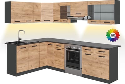 Vicco Hoekkeuken R-Line, Goudkleurig Eiken/Antraciet, 267 x 167 cm, WB Zwart patroon met LED-strip
