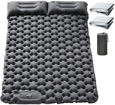 Hutjemutje - opblaasbare kampeerslaapmat - voor 2 personen - ingebouwde voetpomp - met kussens - 196x125x9CM - geschikt voor backpacken, wandelen, autotochten, kamperen in tenten - grijs