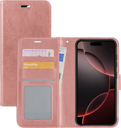 Hoesje - Met Pasjeshouder - Geschikt voor Apple iPhone 16 Pro - Luxe Bookcase Portemonee - Flip Case - Kunstleer Book Case - Flipcase - Book Cover - Walletcase - Portemonneehoes - Rosé goud