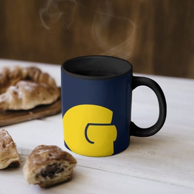 Magische Mok - Foto op Warmte Mokken - Koffiemok - Think big - Blauw - Geel - Magic Mok - Beker - 350 ML - Theemok - Mok met Tekst