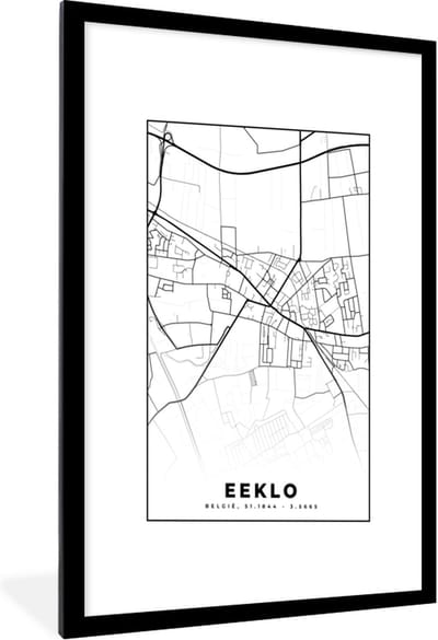 Fotolijst incl. Poster Zwart Wit- Zwart Wit – België – Plattegrond – Stadskaart – Kaart – Eeklo - 60x90 cm - Posterlijst