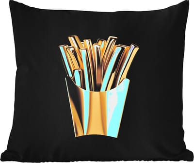 Sierkussen Buiten - Friet - Goud - Chrome - Eten - 60x60 cm - Weerbestendig