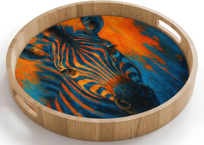 Dienblad rond 40x40 cm - Schootdienblad hout - Zebra - Abstract - Blauw - Borrelplank rechthoek - Plateau houten dienbladen