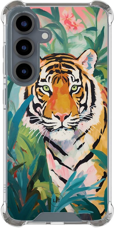 Shockproof hoesje - Geschikt voor Samsung Galaxy S25 - Tijger in de jungle - Extra sterke case - TPU/polycarbonaat - Print / Illustratie - Multi, Transparant