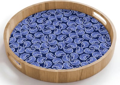 Dienblad rond 40x40 cm - Schootdienblad hout - Kust - Zee - Schelp - Blauw - Borrelplank rechthoek - Plateau houten dienbladen