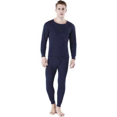 2 stuks/set heren warm pak O-hals lange mouwen tops elastische taille lange broek set effen kleur pluche voering pyjama set XL marineblauwe kleur