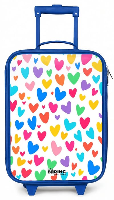 NoBoringSuitcases.com® - Kinderkoffer blauw - Kindertrolley jongen - Gekleurde hartjes - Koffer kind lichtgewicht - Reiskoffer trolley voor kinderen - Koffertje met lichtgevende wieltjes - Rolkoffer