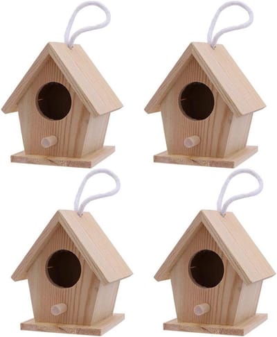 Houten Vogelhuisje voor Decoratie en Schilderen, Nestkast voor Kinderen, 4 Stuks, Creatieve Hangdecoratie en Vogelvoederhuisje