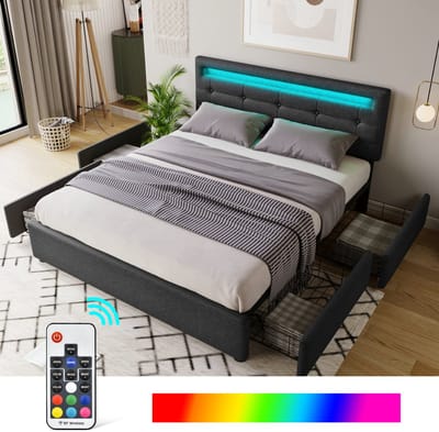 140x200 cm volwassen bed met 4 lades en ledverlichting, bed met opbergruimte en in hoogte verstelbaar hoofdbord, linnen stof, zwart