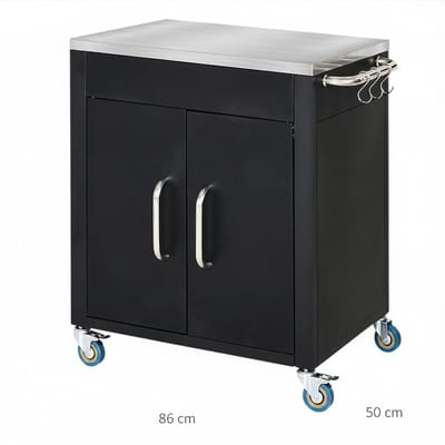 HomeGoodies - BBQ trolley - Keukentrolley - Serveerwagen - RVS werkblad – Met wieltjes - Met kast en 6 haken – 86x50 cm – Zwart