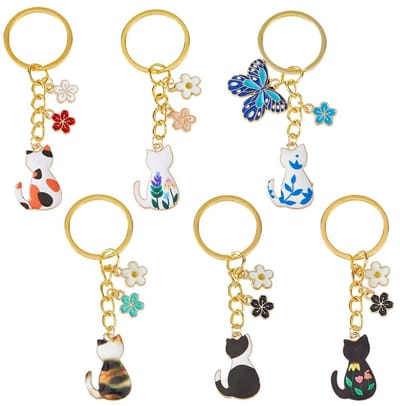 Cosensi- Sleutelhanger Schattige Kat - 6 Stuks - Bloemen Design - Emaille - Accessoires - Creatieve Ambachten - Persoonlijke Stijl