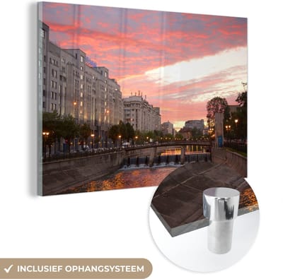 ® Glasschilderij 180x120 cm - Schilderij acrylglas - Zonsondergang bij Dambovita rivier in Boekarest - Foto op glas - Muurdecoratie woonkamer - Wanddecoratie slaapkamer - Schilderijen