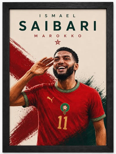 Ismael Saibari Poster | Marokko Art Print | Voetbal Illustratie | Inclusief Zwarte A4 Lijst