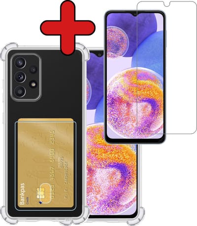 Hoesje - Geschikt voor Samsung Galaxy A23 - Met Screenprotector - Pashouder - Kaarthouder - Back Cover - Telefoon Hoes Shockproof - Siliconen Case - Shock Proof - Pasjes Houder - Telefoonhoes - Transparant