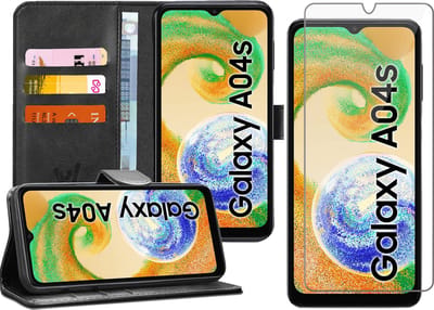 Hoesje geschikt voor Samsung Galaxy A04s / A13 5G - Screen Protector GlassGuard - Book Case Kunstleer Pasjeshouder Zwart & Screenprotector
