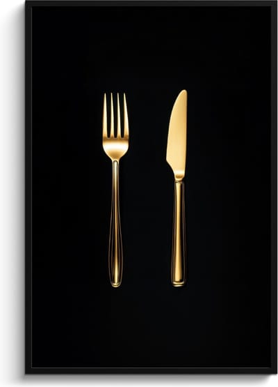Fotolijst inclusief poster - Posterlijst 80x120 cm - Posters - Bestek - Goud - Mes - Vork - Foto in lijst - Keuken decoratie muur - Wanddecoratie accessoires - Muurdecoratie - Schilderijen