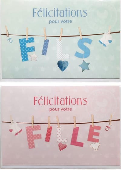 2 Wenskaarten - Cartes de Naissance - Félicitations pour votre FILLE + Félicitations pour votre FILS – 12 x 17 cm