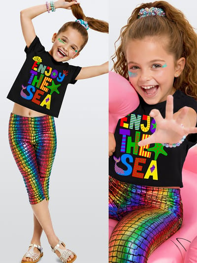 Denokids CFF-26Y1-105 Paars Meisjes Crop Top & Folie Leggings Set 140