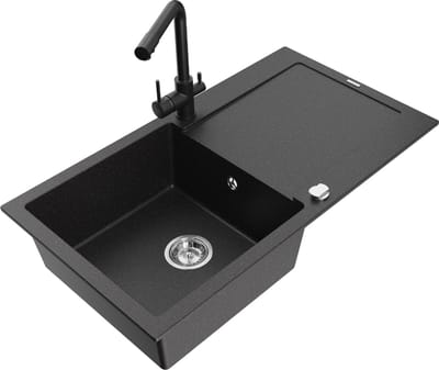 Mexen Leo granieten spoelbak 1-komorig met afdruiprek en keukenkraan Duero, zwart/zilver metallic - 6501-73-671600-70