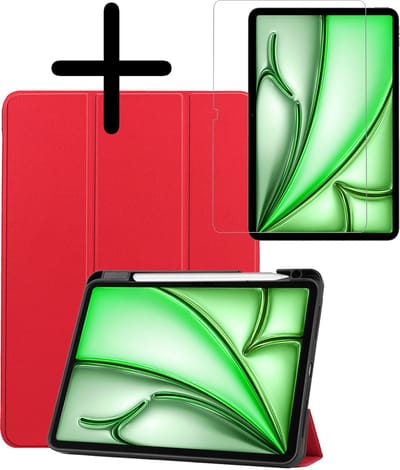 Hoesje Geschikt voor Apple iPad Air 6 (2024) - 11 inch - 6e Generatie - M2 - Met Screenprotector - Trifold Bookcase - Hard Cover Case - Met Uitsparing Geschikt voor Apple Pencil - Hardcover Book - Tablet Hoes - Rood