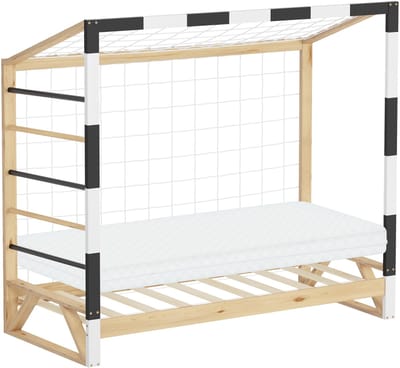 ML-Design | Kinderbed in de vorm van een voetbaldoel met matras (H: 10 cm, 80 x 160 cm) van massief grenenhout; houten bed met lattenbodem en doelnet; handbaldoel