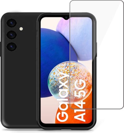Hoesje geschikt voor Samsung A14 5G + Screenprotector – Tempered Glass - Liquid Back Case Cover Zwart
