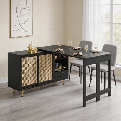 KOMHTOM - 360° draaibare statafel - Uitschuifbaar - Opbergkast met rotan deur - Open opbergplank - Geschikt voor keuken en eetkamer - Hoofdgedeelte: 107x40x71,4 cm - Zwart