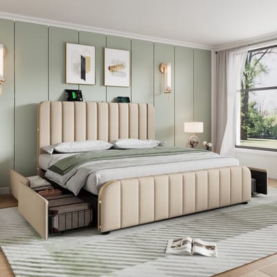 Tweepersoonsbed met gestoffeerd hoofdeinde – voorzien van gouden sierstrepen en USB Type-C-oplaadfunctie – 180 x 200 cm – beige linnen – met 4 lades – draagvermogen 226 kg (exclusief matras)