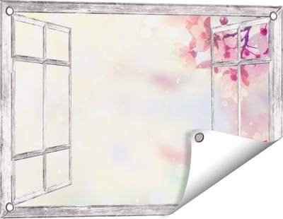 Gards Tuinposter Doorkijk Roze Bloesemboom met Zonneschijn - 60x40 cm - Tuindoek - Tuindecoratie - Wanddecoratie buiten - Tuinschilderij