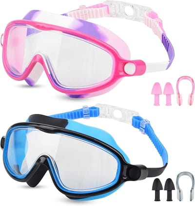 Set van 2 Kinder Zwembrillen met Oordoppen en Neusklem – Lekbestendig Anti-UV Duikbril voor Zwemmen en Duiken, Roze-Paars & Zwart-Blauw