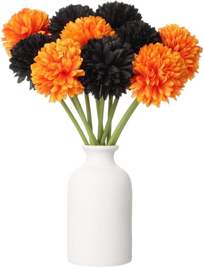 SnelShoppen - 10 Stuks Kunstbloemen Ballen Chrysanten Kunstbloemen Boeket Zijden Bloemen Chrysant voor Decoratie Thuis Tuin Bruiloft Oranje Zwart