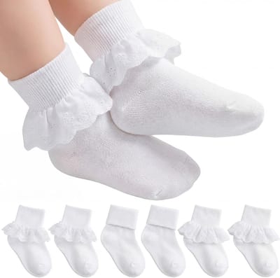 6 Paar Kanten Sokken Met Ruches, Witte Katoenen Sokken Met Schattige Strikjes Voor Kleine Meisjes en Peuters, Perfect Voor Feestjes en Dagelijks Gebruik