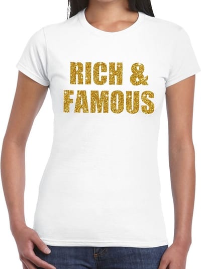 Rich and Famous gouden glitter tekst t-shirt wit dames - dames shirt Rich and Famous XS