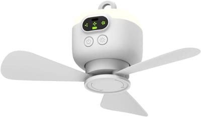 Draagbare campingventilator, 27 cm (10,6 inch) tentplafondventilator, oplaadbare 8000mAh accu met verlichting en haak, timerfunctie en automatische uitschakeling, afneembare ventilatorbladen, geschikt voor tentluifel, camper, veranda.