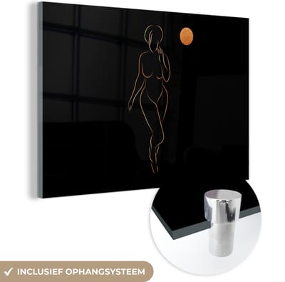 MuchoWow® Glasschilderij 60x40 cm - Schilderij acrylglas - Vrouw - Maan - Zwart - Line art - Foto op glas - Schilderijen