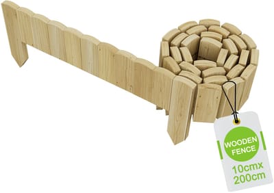 200x10cm Houten Gazonrand, Bedrand, Maairand Rollborder, Bedrand met Pinnen, Palissaderolset, Decoratief Tuinhek voor Tuingrens/Patio/Bloembed (Beige) NAIZY