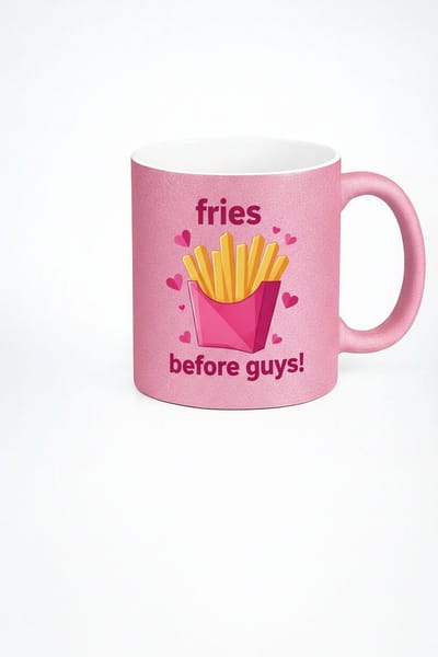 Roze Glitter Mok 'Fries Before Guys!' - Grappige Patat Liefde Koffiemok - Uniek Cadeau voor Dames