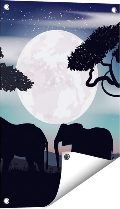 Gards Tuinposter Olifanten Silhouet tijdens Volle Maan - 40x60 cm - Tuindoek - Tuindecoratie - Wanddecoratie buiten - Tuinschilderij