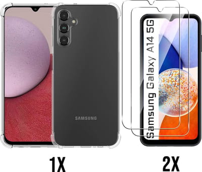 Casemania Hoesje Geschikt voor Samsung Galaxy A14 - Transparant + 2X Glazen Screenprotector - Anti Shock Hybrid Back Cover