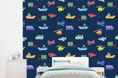 Behang - Fotobehang Patronen - Vliegtuig - Boot - Vrachtwagen - Jongetje - Jongens - Kinderen - Kids - Breedte 315 cm x hoogte 260 cm
